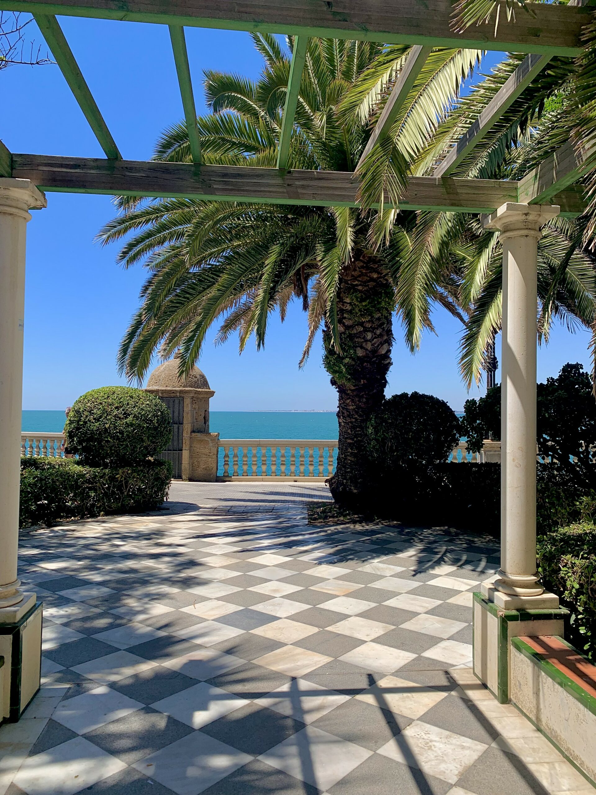 Ausblick auf Palme und Meer aus Alemada Apoca Park in Cádiz